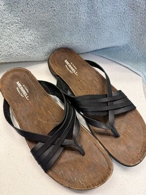 Merrell Air Cushion Memory Foam Black Leather Thong Sandals Size 11